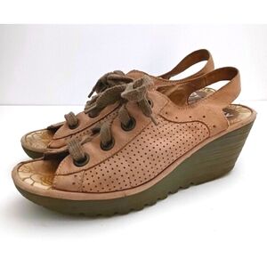 Fly London Yuta Wedge Sandal Beige Leather Lace Up 40 US 9-9.5
